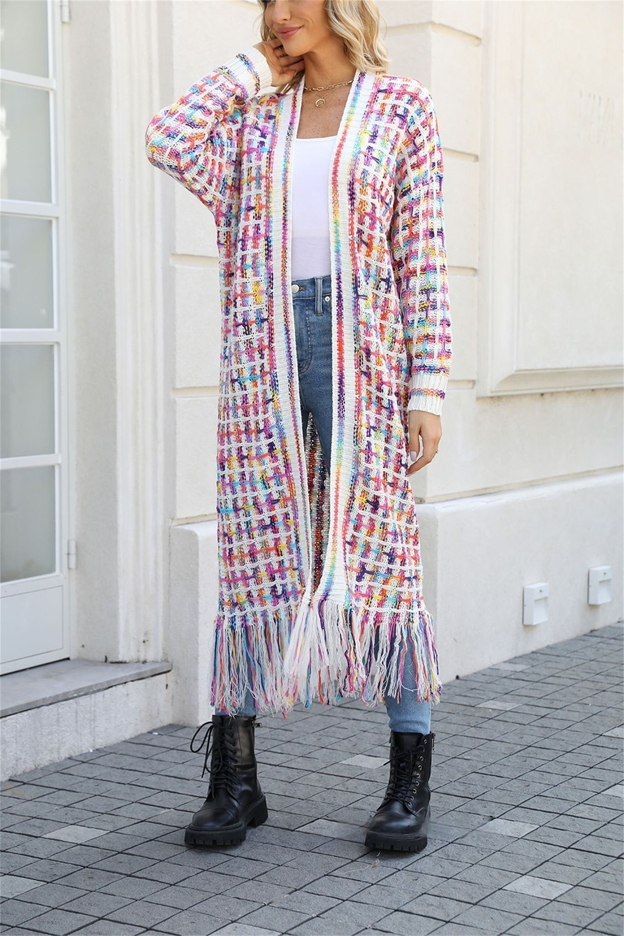 Elegant Colorful Long Cardigan Sweater Womens Large Size Knitted Sweater Coat